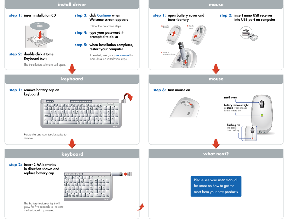 Mouse what next, Install driver mouse, Keyboard | iHome IH-K241LS User Manual | Page 2 / 2