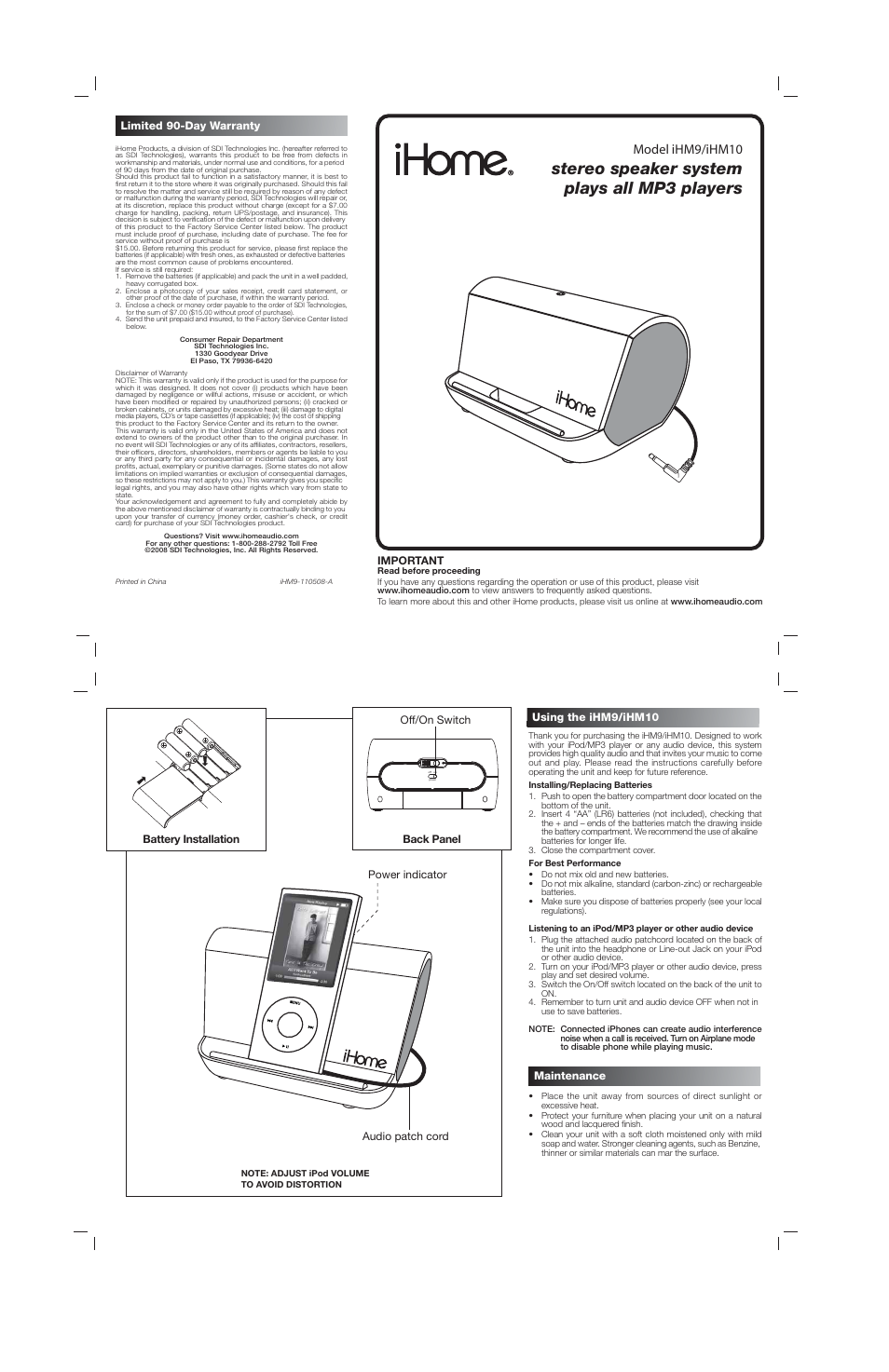 Stereo speaker system plays all mp3 players, Model ihm9/ihm10 | iHome iHM9 User Manual | Page 2 / 2