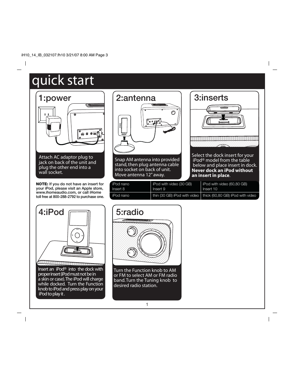Quick start, Radio 3:inserts 4:ipod, Power 2:antenna | iHome iH14 User Manual | Page 3 / 9