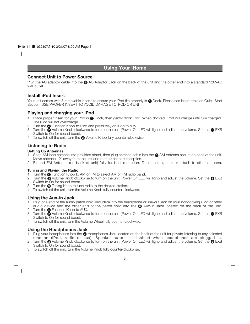 Using your ihome | iHome iH14 User Manual | Page 5 / 9
