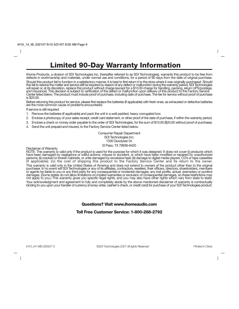 Limited 90-day warranty information | iHome iH14 User Manual | Page 9 / 9