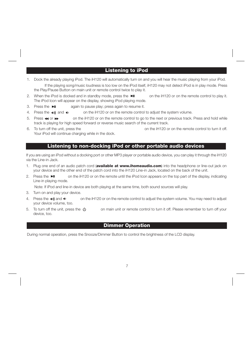 Listening to ipod | iHome iH120 User Manual | Page 10 / 15