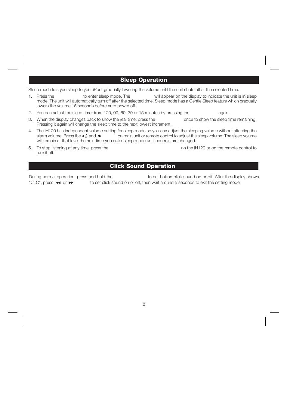 Sleep operation click sound operation | iHome iH120 User Manual | Page 11 / 15