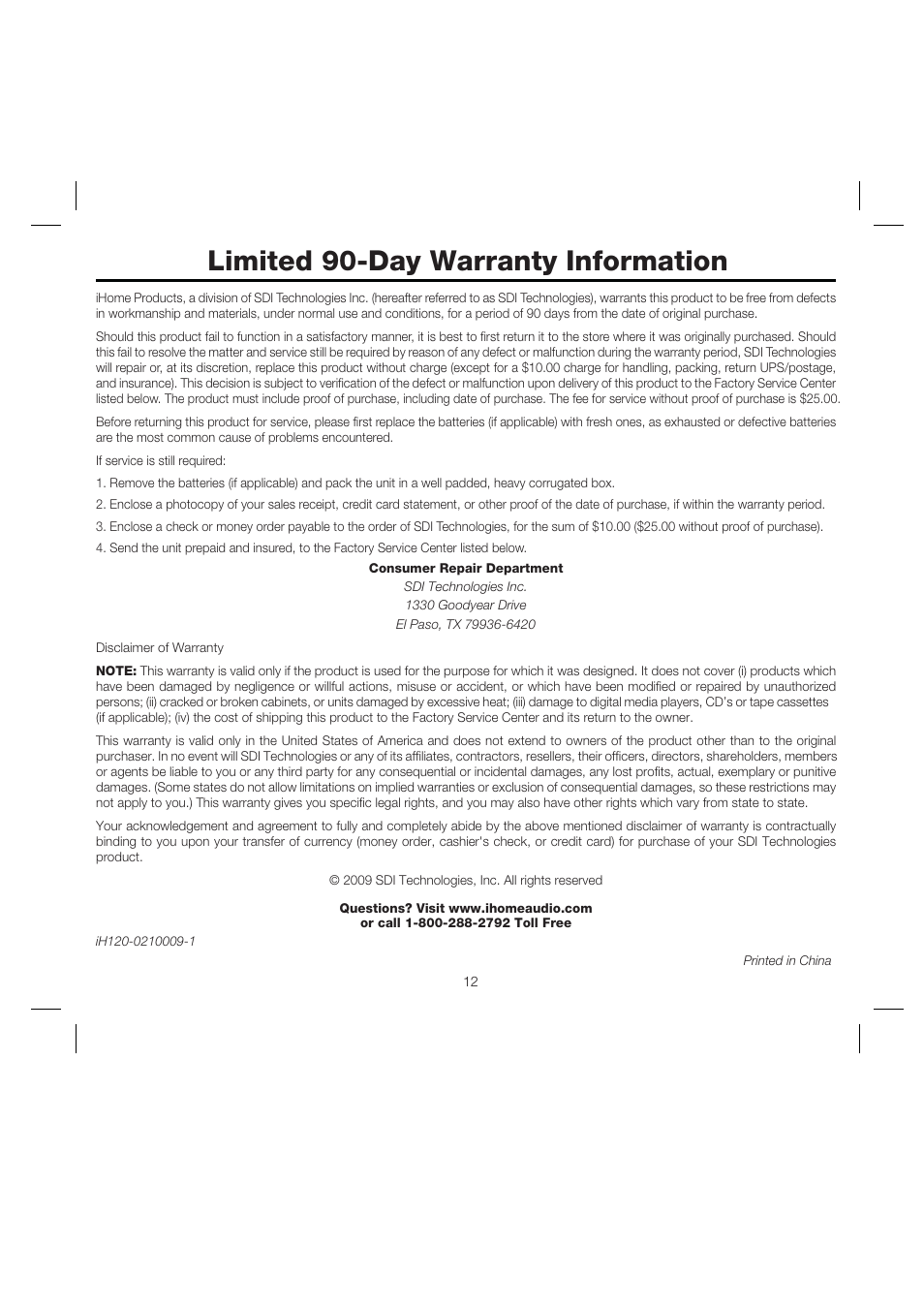 Limited 90-day warranty information | iHome iH120 User Manual | Page 15 / 15