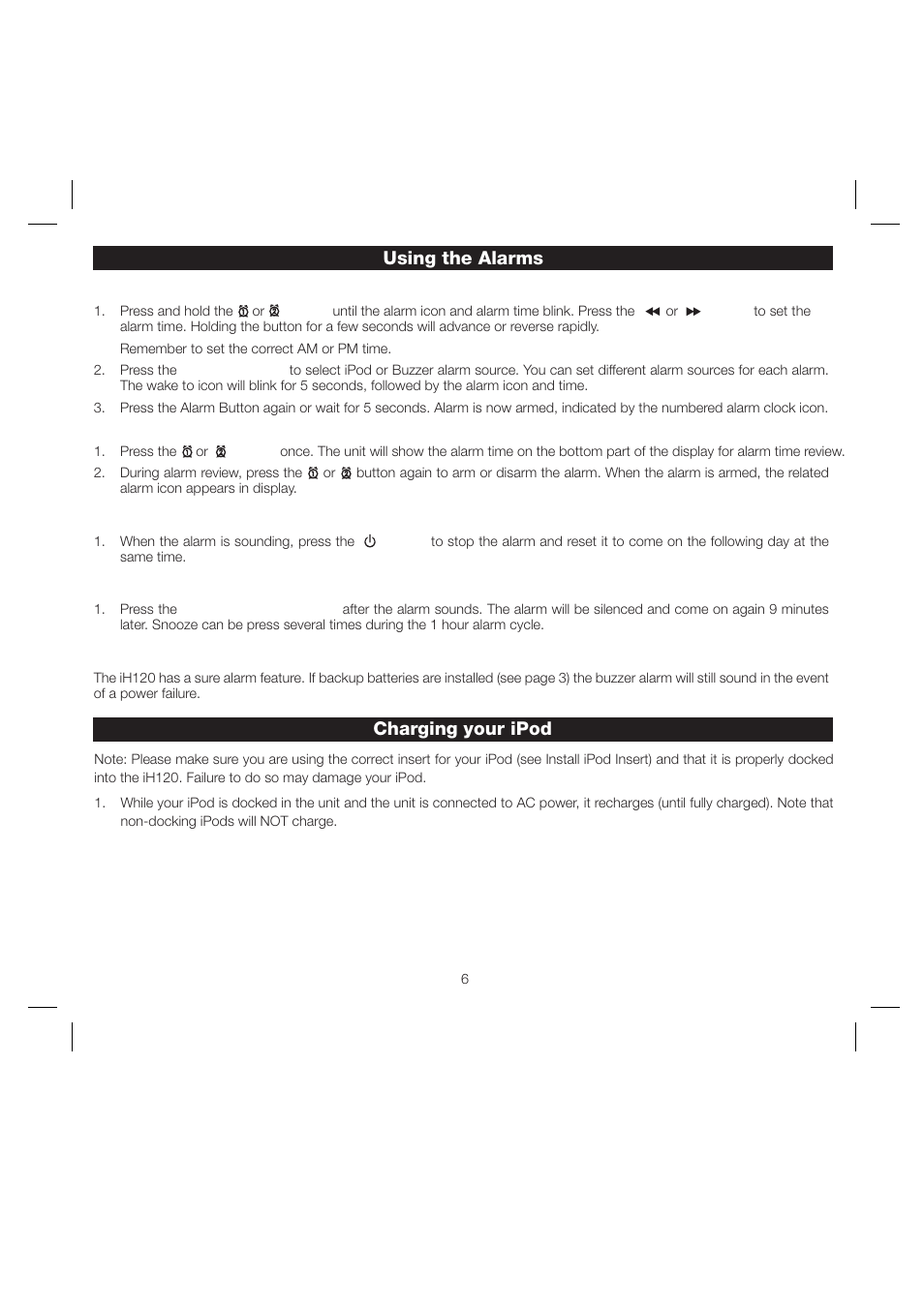 Using the alarms, Charging your ipod | iHome iH120 User Manual | Page 9 / 15