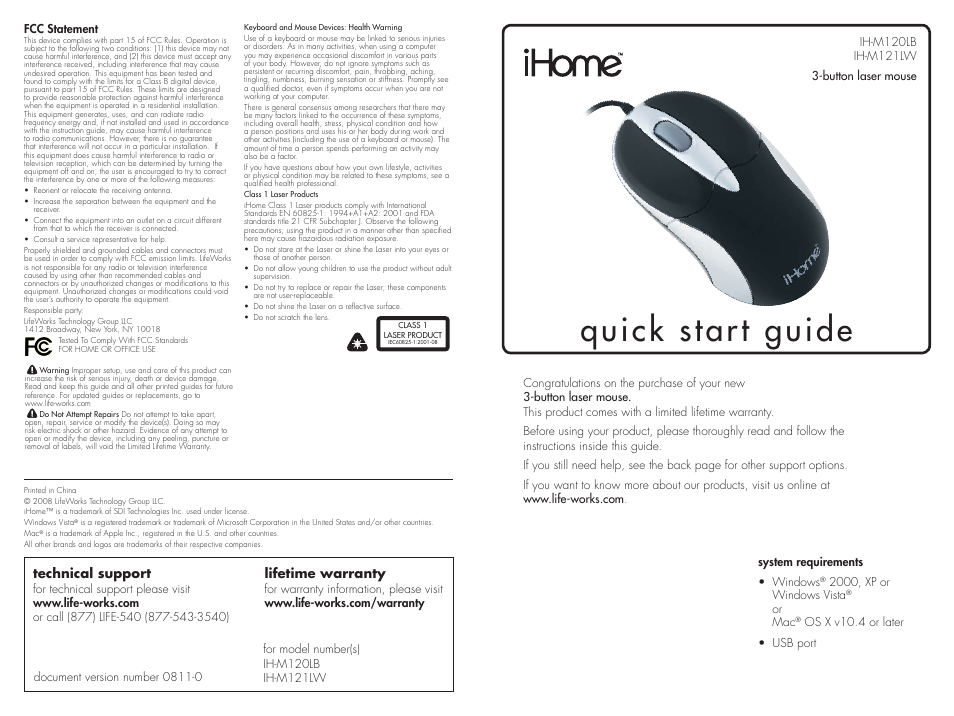 iHome IH-M121LW User Manual | 2 pages