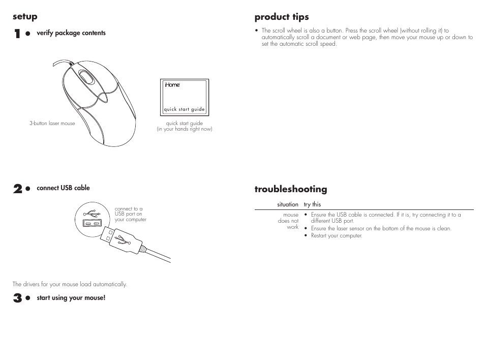 Setup, Product tips, Troubleshooting | iHome IH-M121LW User Manual | Page 2 / 2