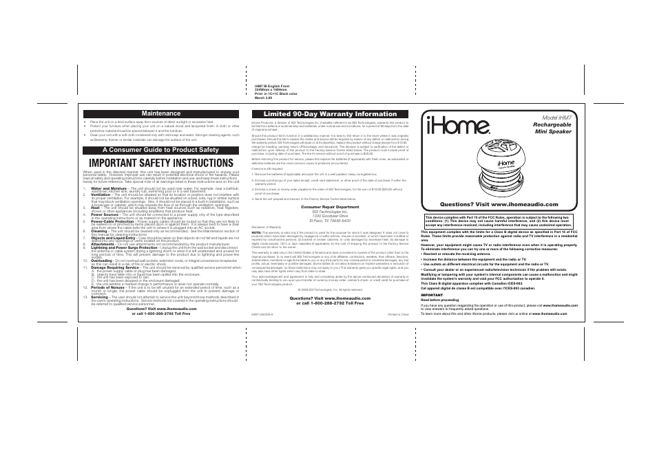 Limited 90-day warranty information, A consumer guide to product safety, Maintenance | iHome iHM7 User Manual | Page 5 / 5