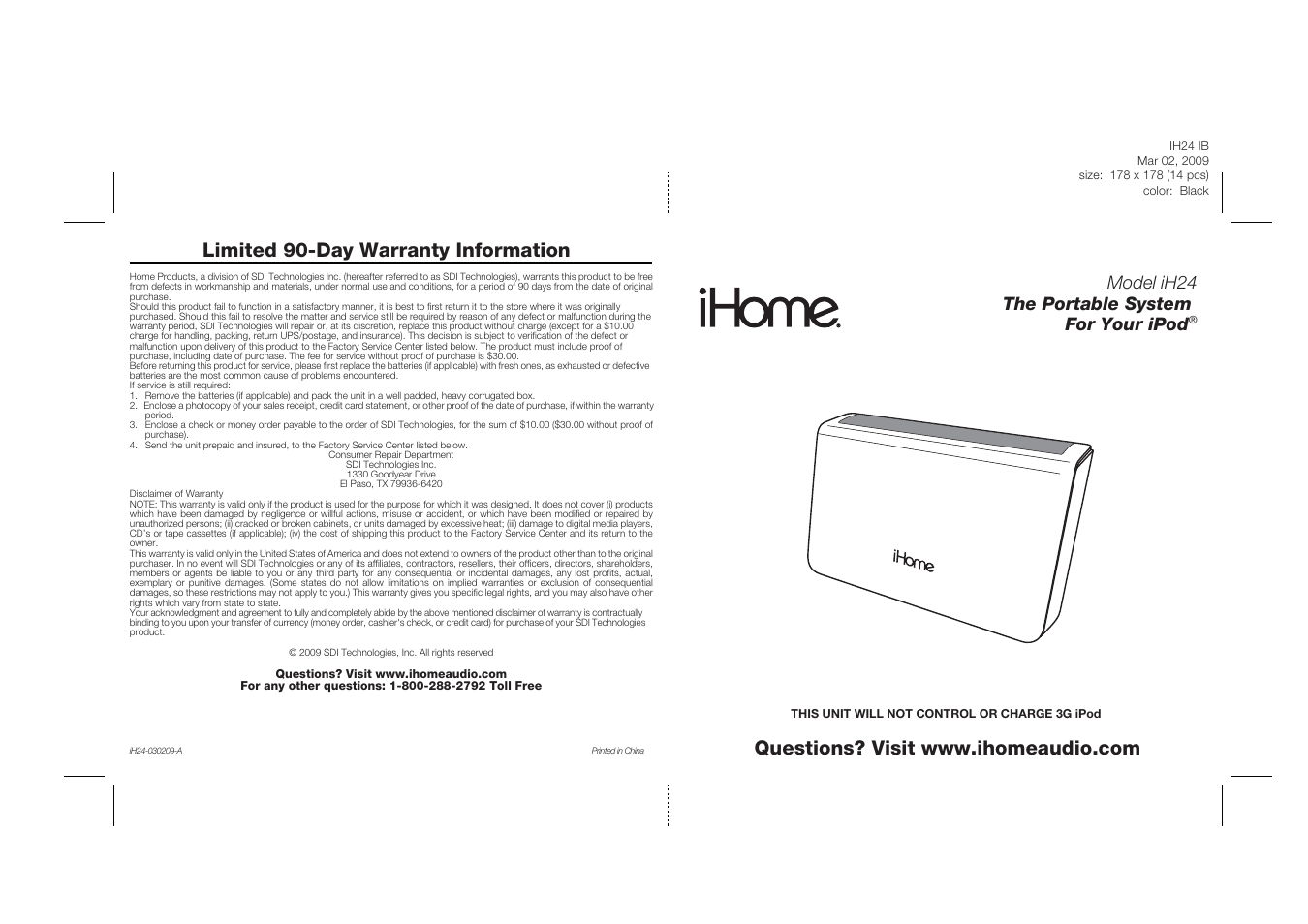 Model ih24 the portable system for your ipod | iHome IH24 User Manual | Page 13 / 13