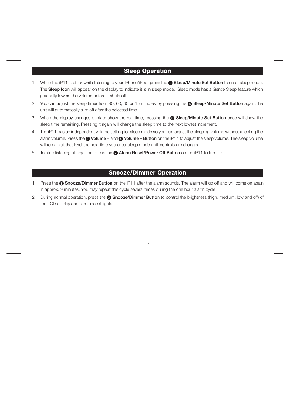 Sleep operation snooze/dimmer operation | iHome iP11 User Manual | Page 10 / 14