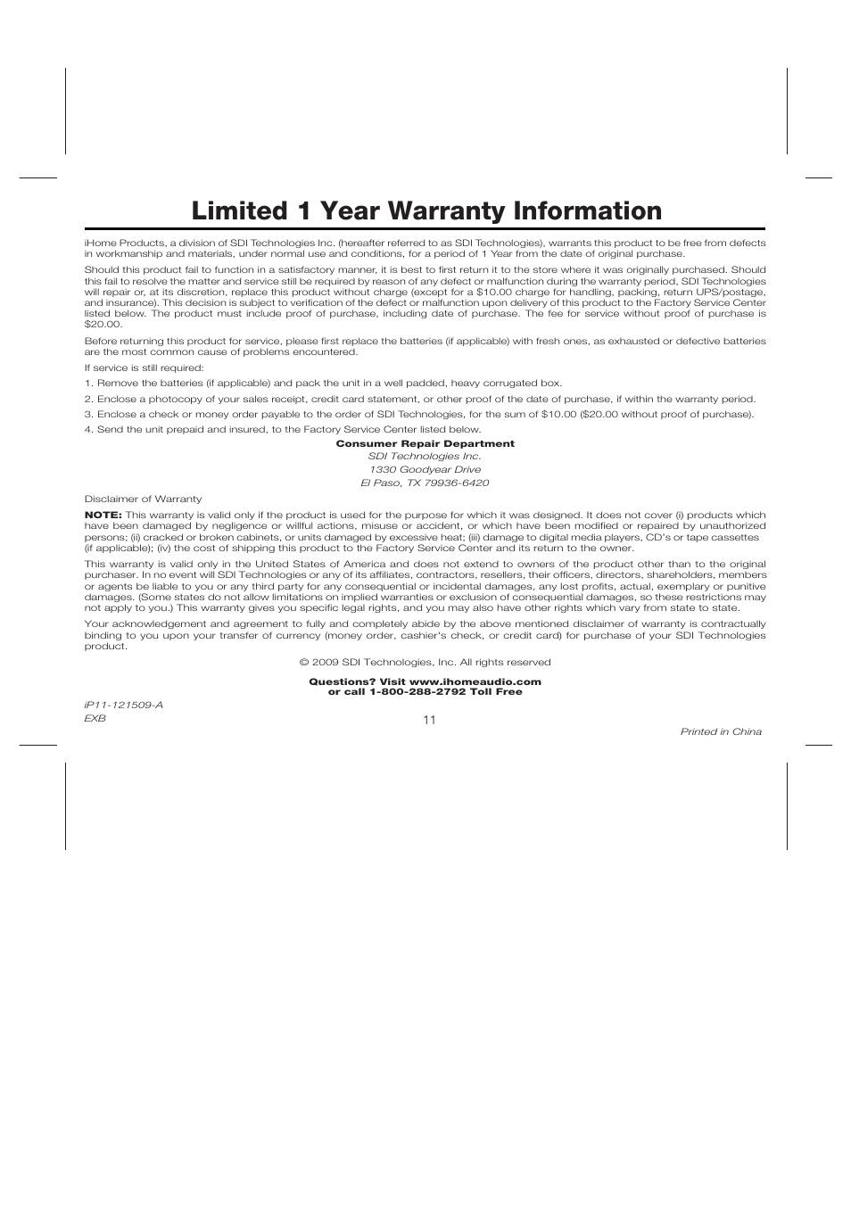 Limited 1 year warranty information | iHome iP11 User Manual | Page 14 / 14