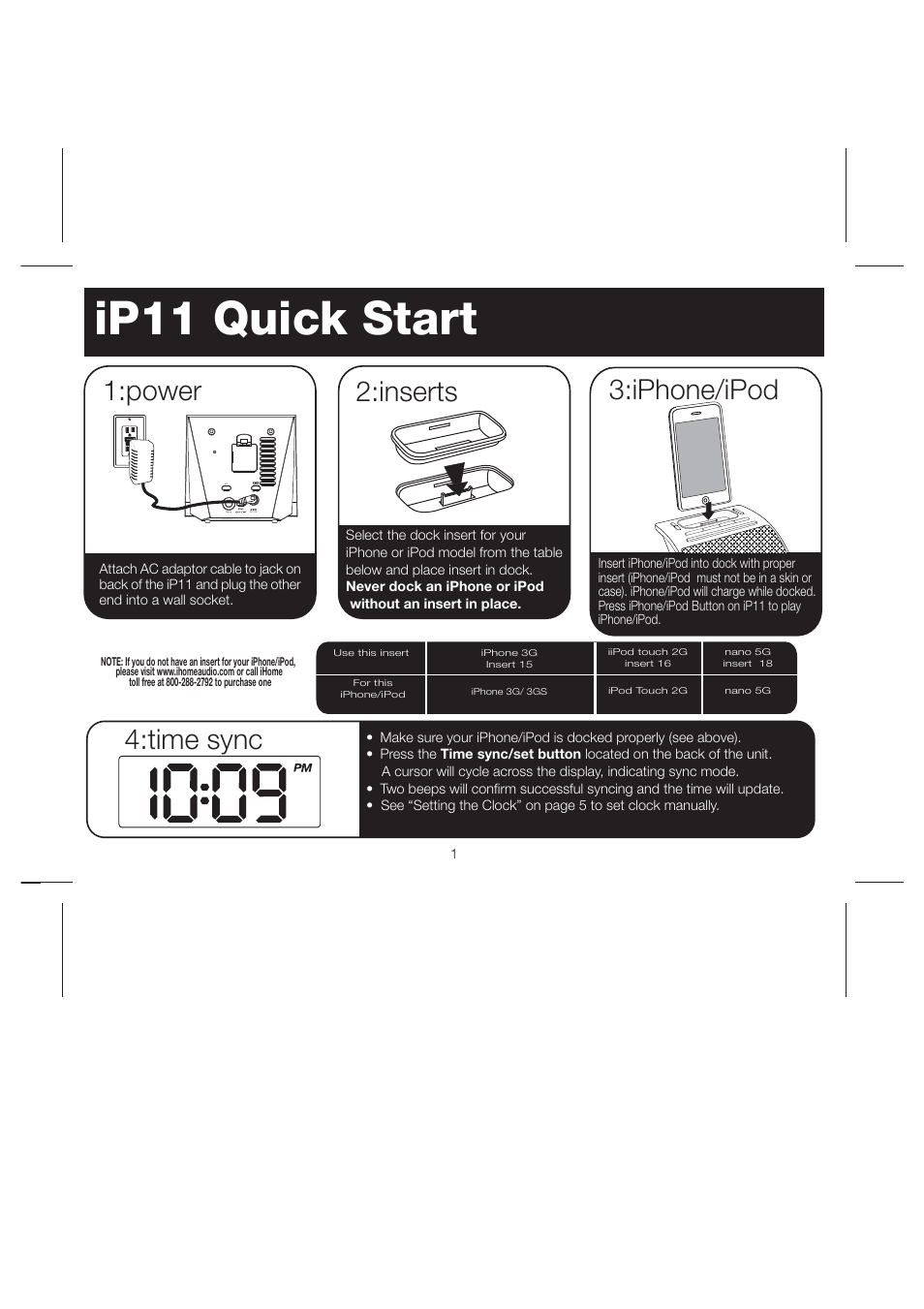 Ip11 quick start, Inserts, Iphone/ipod | Time sync, Power | iHome iP11 User Manual | Page 4 / 14