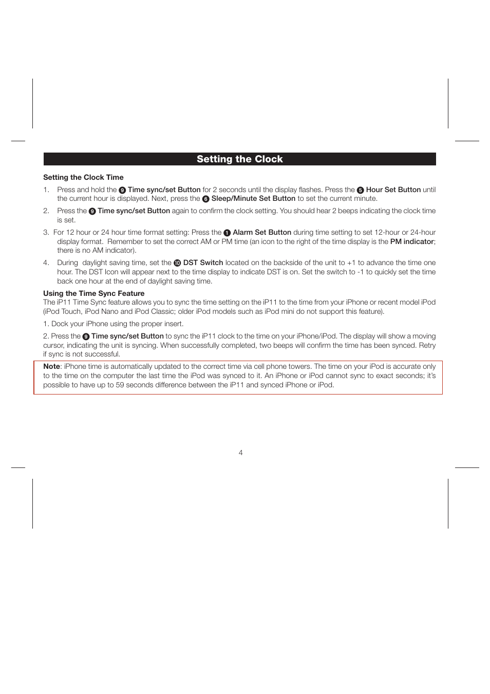 Setting the clock | iHome iP11 User Manual | Page 7 / 14