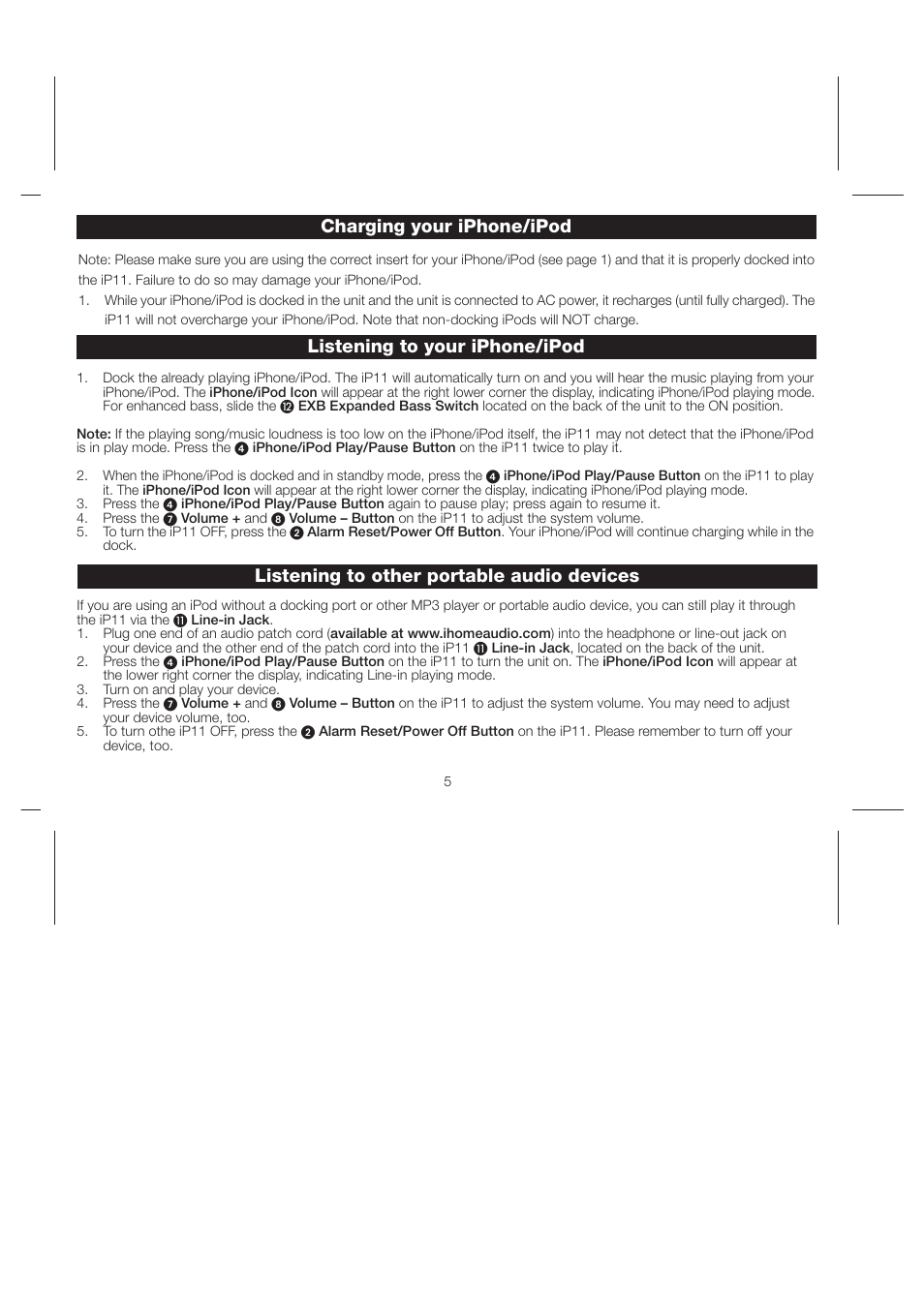 Listening to your iphone/ipod, Listening to other portable audio devices, Charging your iphone/ipod | iHome iP11 User Manual | Page 8 / 14