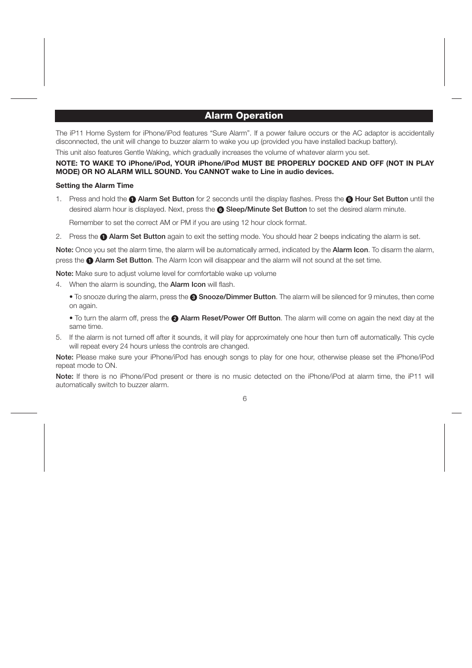 Alarm operation | iHome iP11 User Manual | Page 9 / 14