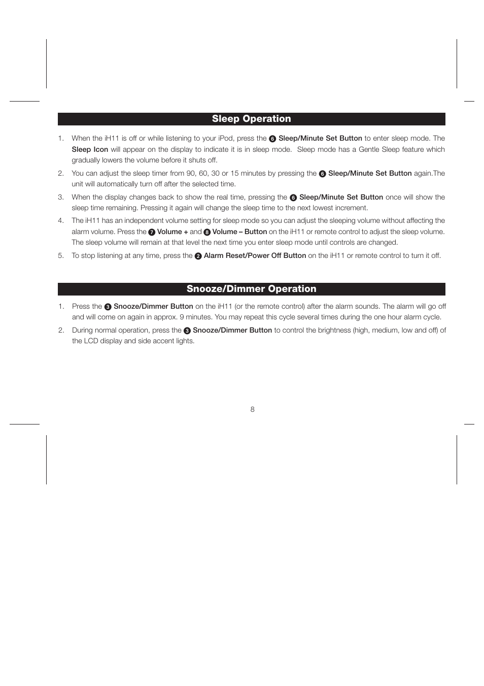 Sleep operation snooze/dimmer operation | iHome iH11 User Manual | Page 11 / 15