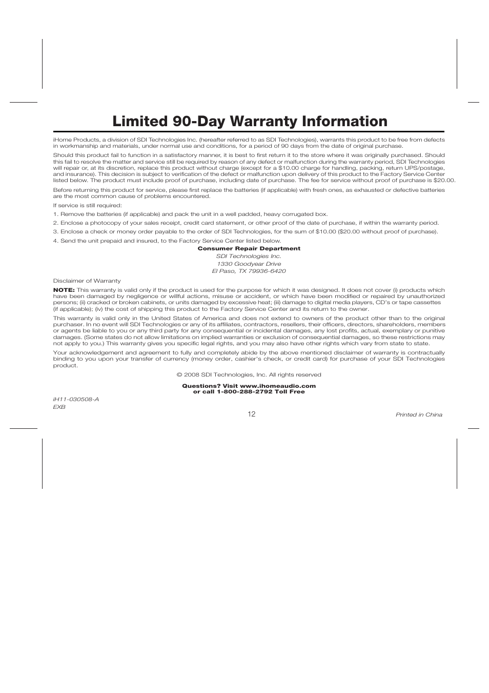 Limited 90-day warranty information | iHome iH11 User Manual | Page 15 / 15