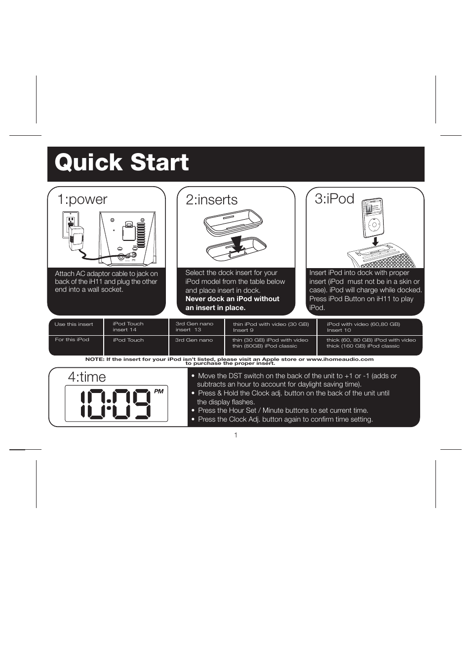 Quick start, Inserts, Ipod | Time, Power | iHome iH11 User Manual | Page 4 / 15