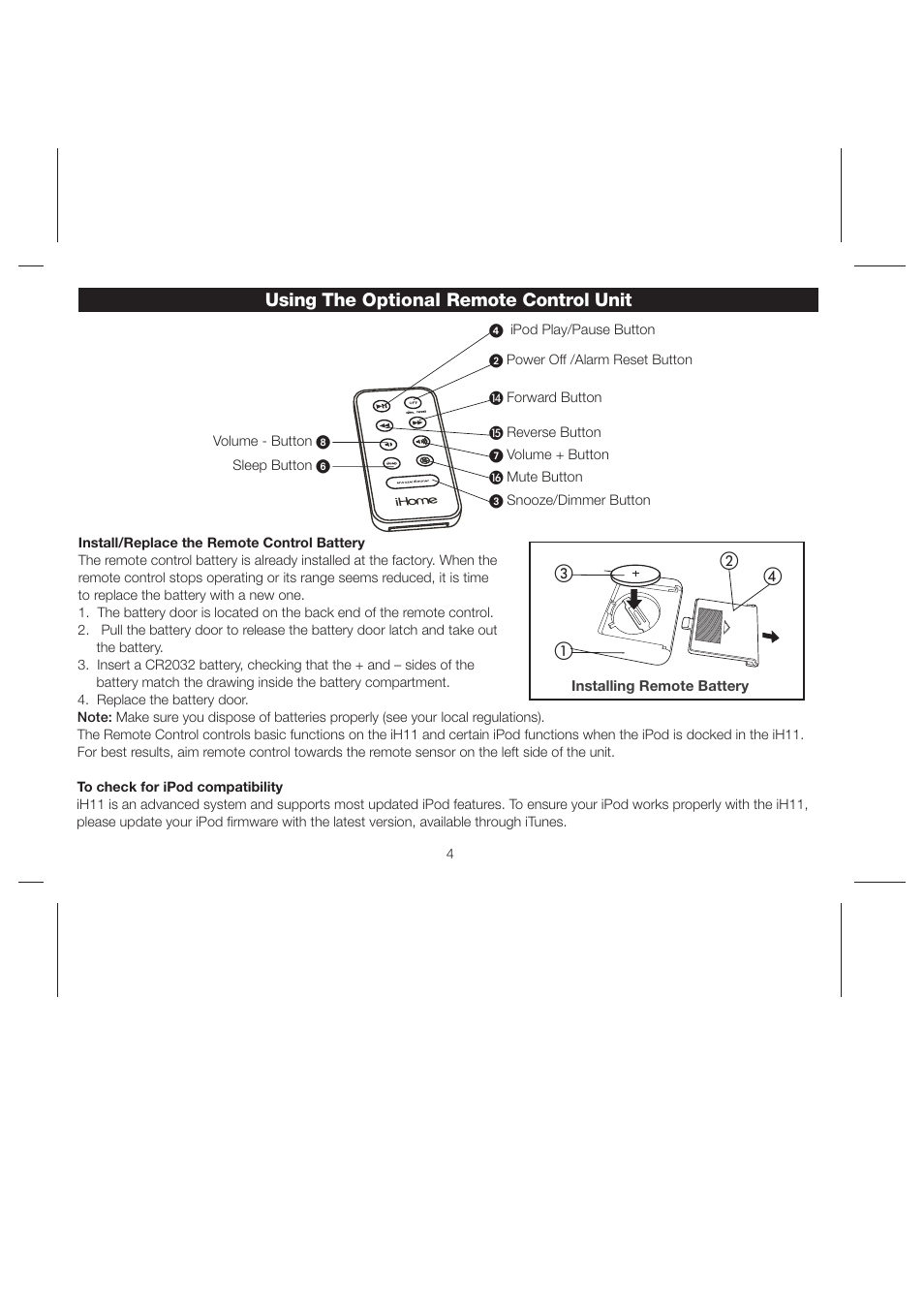 Using the optional remote control unit | iHome iH11 User Manual | Page 7 / 15