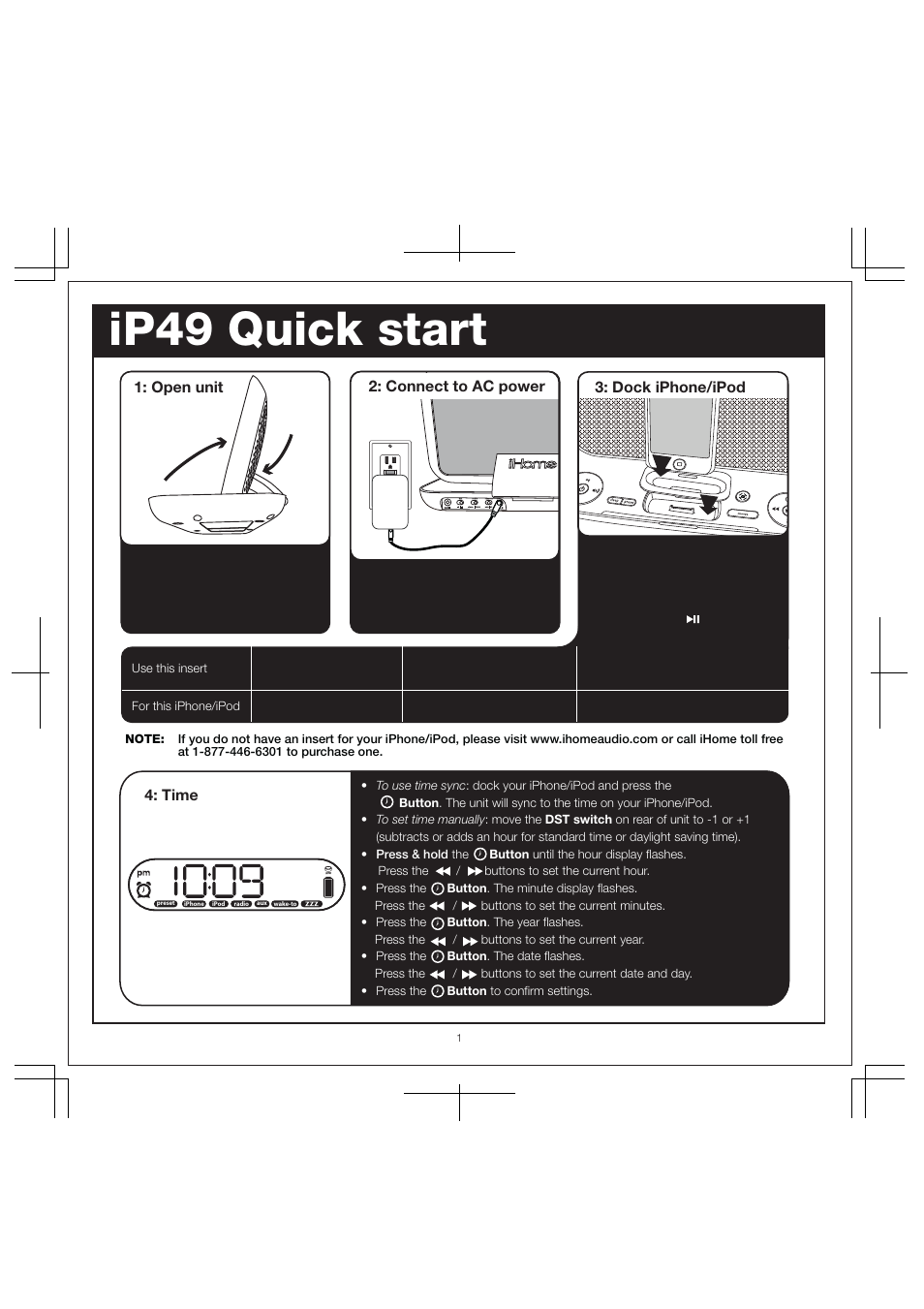 Ip49 quick start, Open unit, Time | Connect to ac power 3: dock iphone/ipod | iHome IP49 User Manual | Page 3 / 12