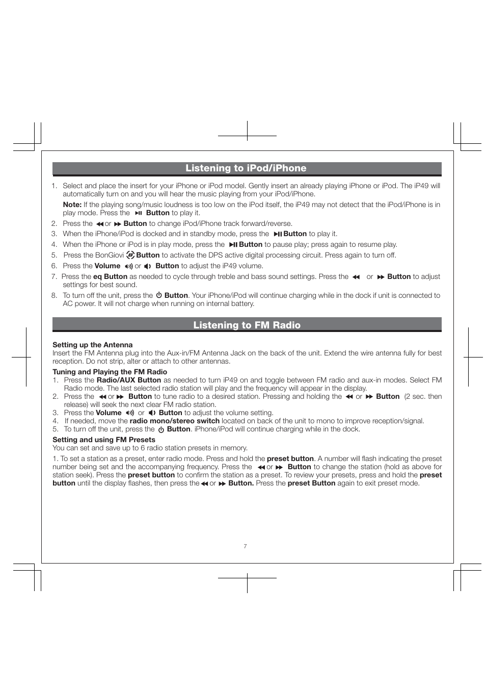 Listening to ipod/iphone listening to fm radio | iHome IP49 User Manual | Page 9 / 12