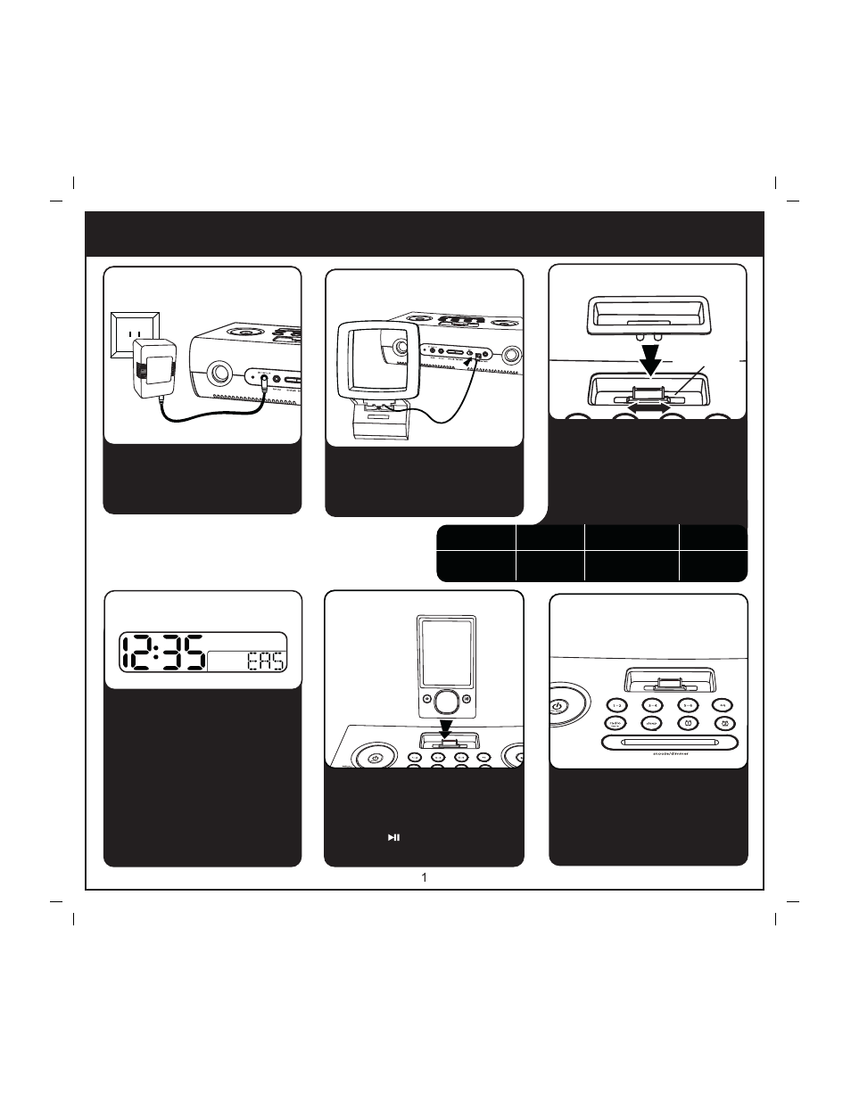 Quick start, Time 5:zune, Antenna 3:inserts 1:power 6:radio | iHome ZN9 User Manual | Page 3 / 12