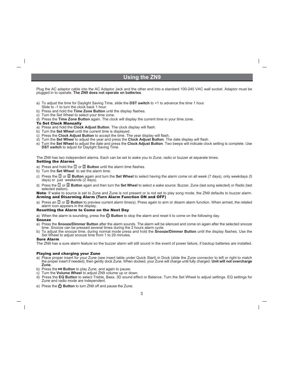 Using the zn9, Connect zn9 to power source, Setting the clock | Using the alarms, Zune | iHome ZN9 User Manual | Page 5 / 12