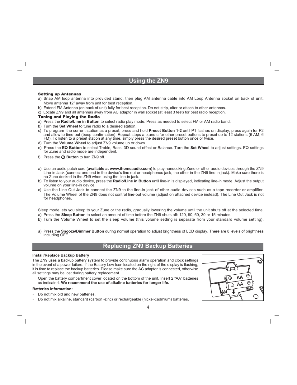 Replacing zn9 backup batteries, Using the zn9, Radio | Using the line-in and line-out jacks, Using sleep mode, Using the dimmer | iHome ZN9 User Manual | Page 6 / 12