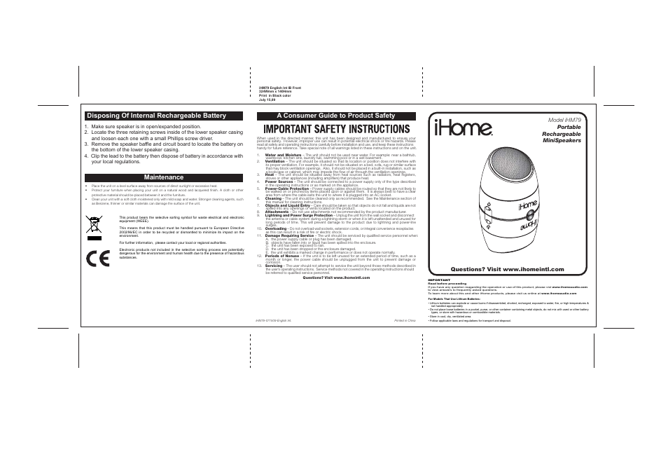 iHome IHM79 User Manual | 2 pages