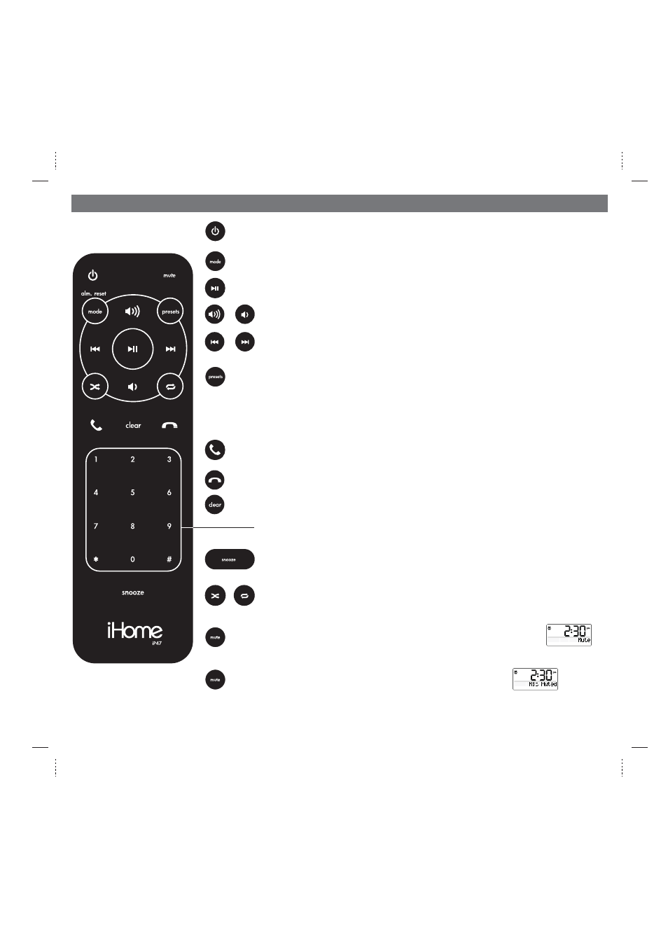 Remote control | iHome iP47 User Manual | Page 12 / 20