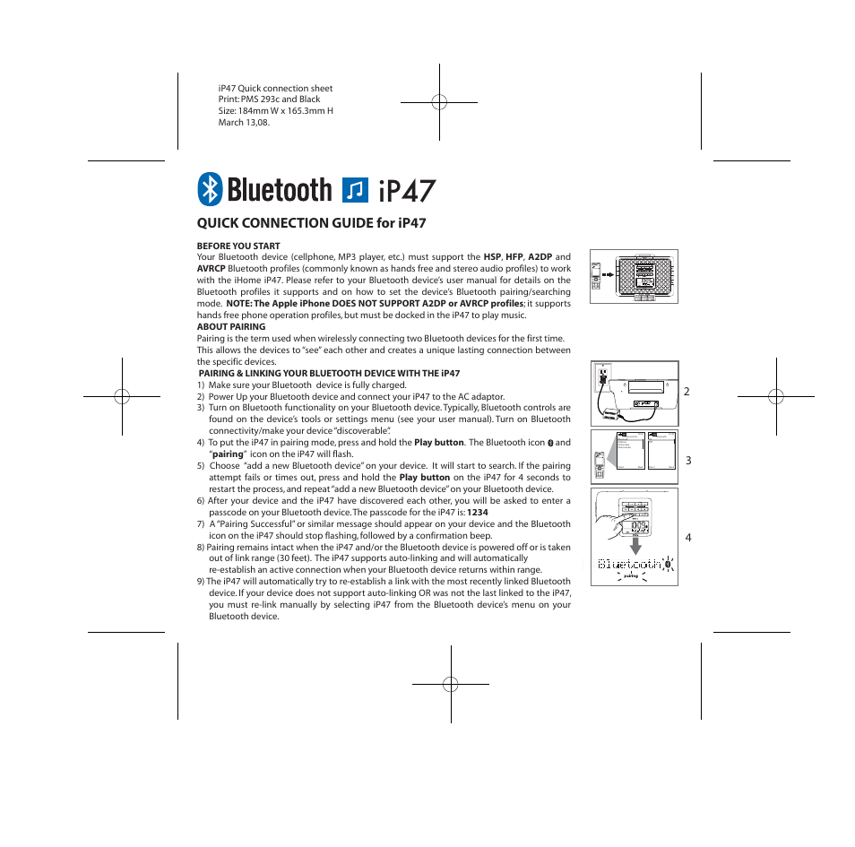 Ip47, Quick connection guide for ip47 | iHome iP47 User Manual | Page 20 / 20