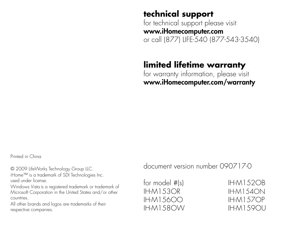 Technical support, Limited lifetime warranty | iHome IH-M152OB User Manual | Page 8 / 8