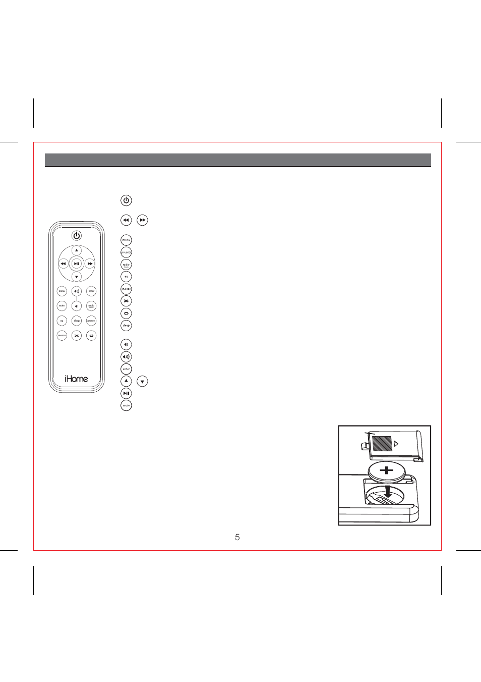 Using the remote control unit, Install/replace the remote control batteries | iHome IP98 User Manual | Page 7 / 13