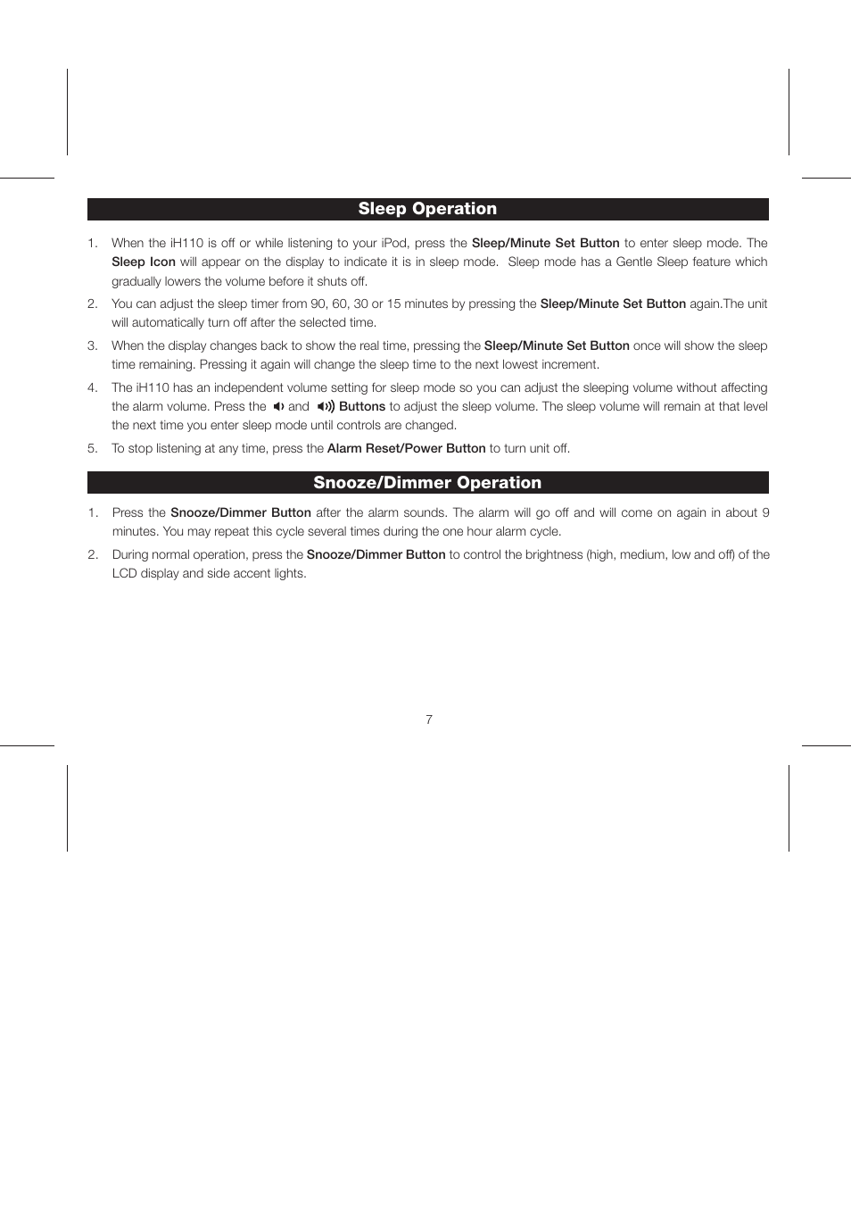 Sleep operation snooze/dimmer operation | iHome iH110 User Manual | Page 10 / 14