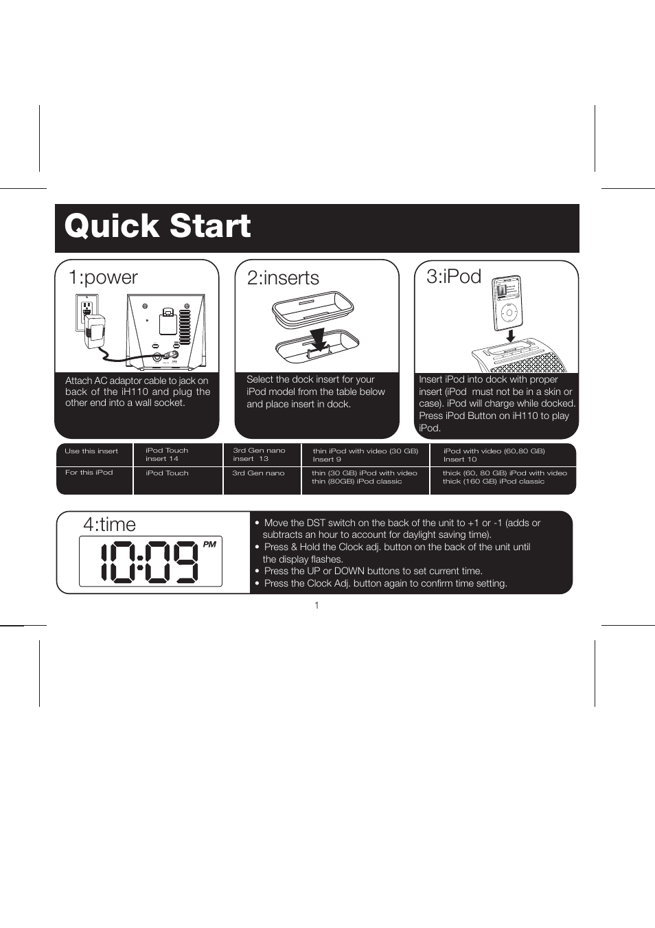 Quick start, Inserts, Ipod | Time, Power | iHome iH110 User Manual | Page 4 / 14