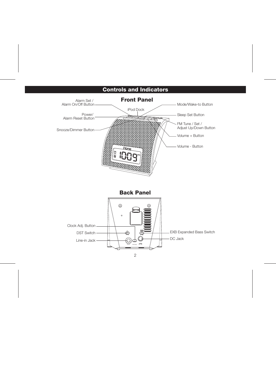 Controls and indicators front panel, Back panel | iHome iH110 User Manual | Page 5 / 14