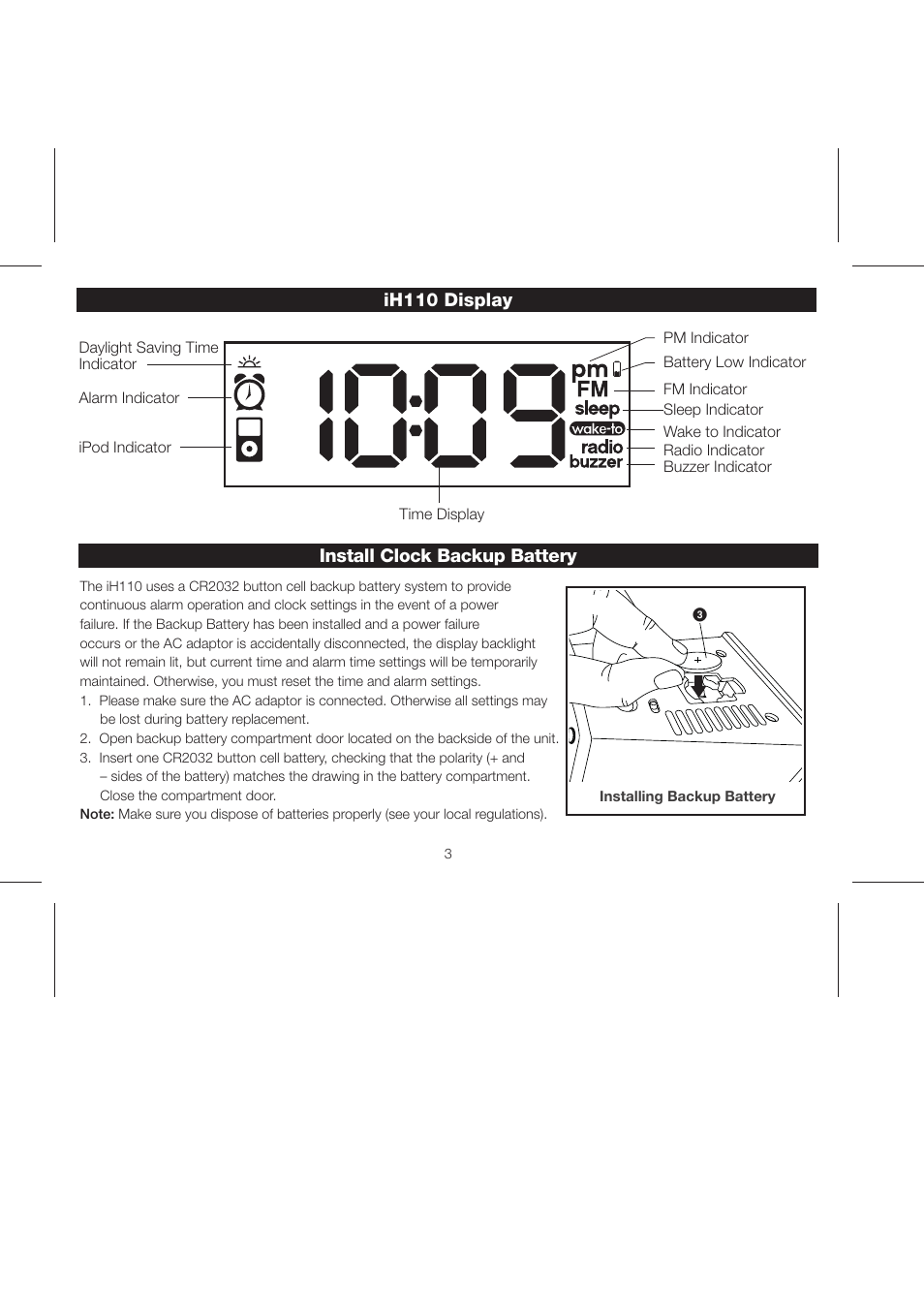 Install clock backup battery ih110 display | iHome iH110 User Manual | Page 6 / 14