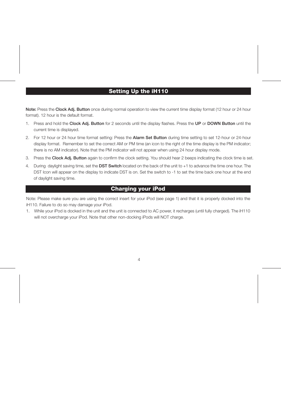 Setting up the ih110, Charging your ipod | iHome iH110 User Manual | Page 7 / 14