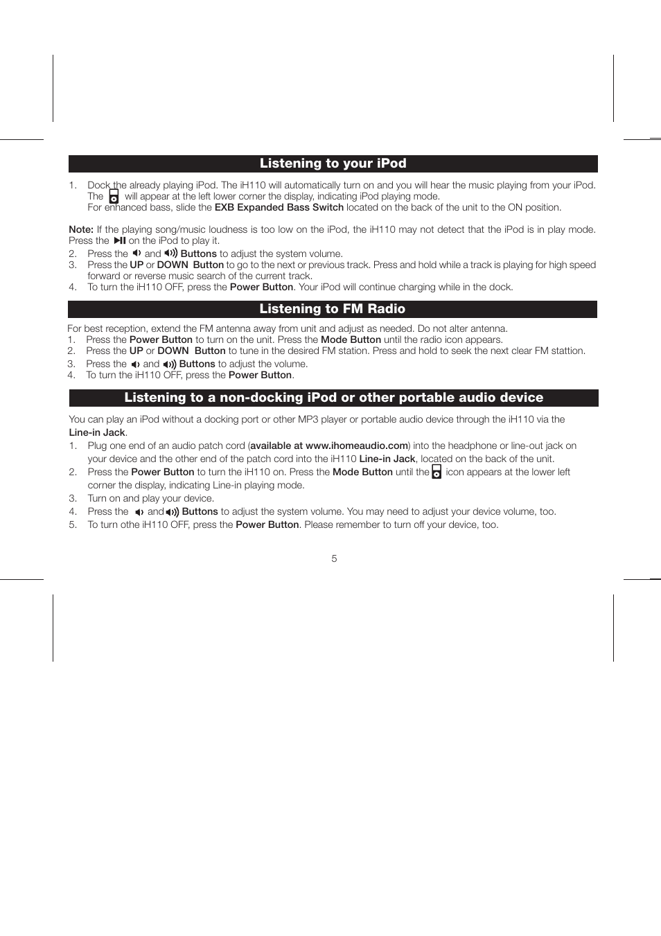 Listening to your ipod listening to fm radio | iHome iH110 User Manual | Page 8 / 14