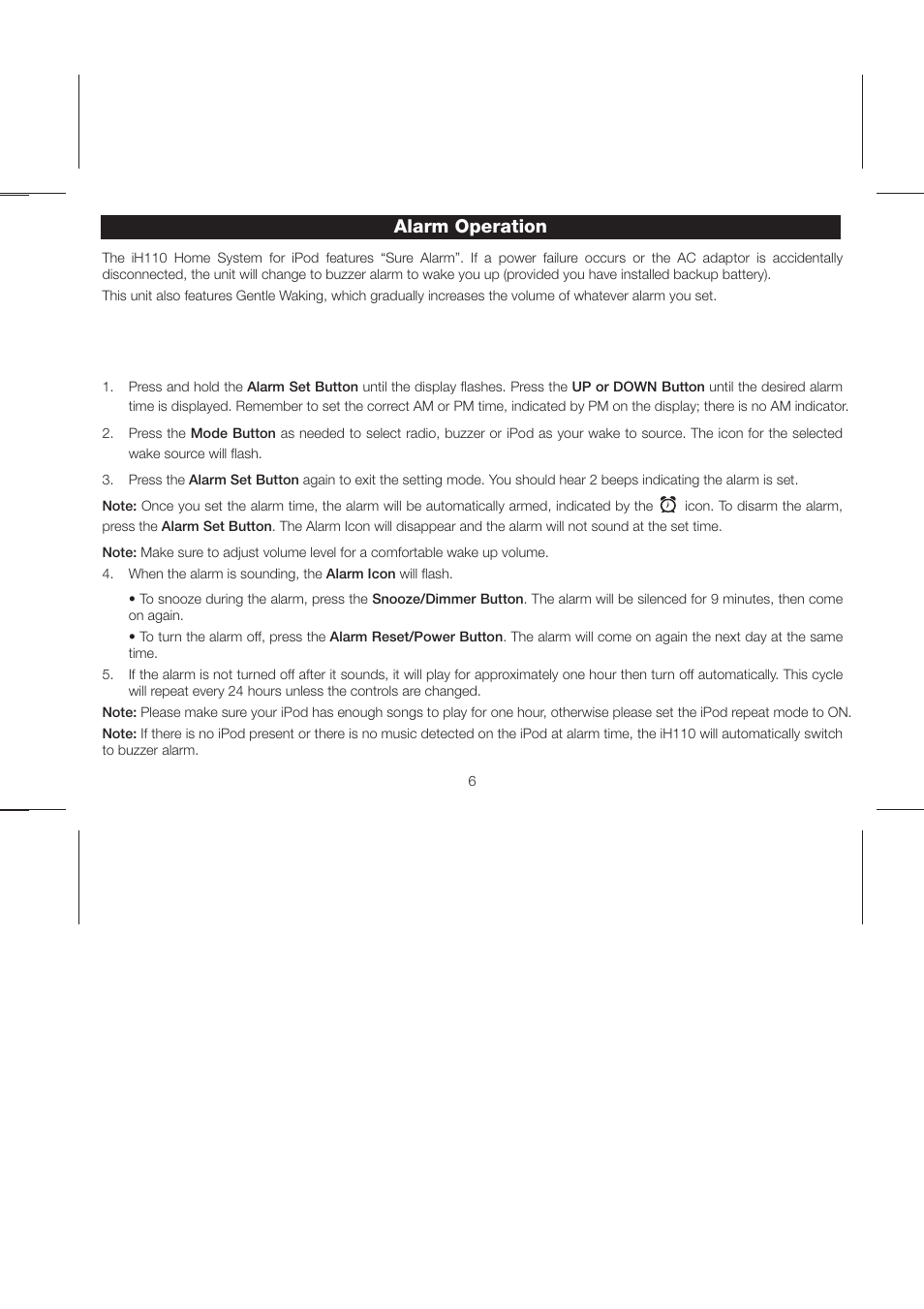 Alarm operation | iHome iH110 User Manual | Page 9 / 14