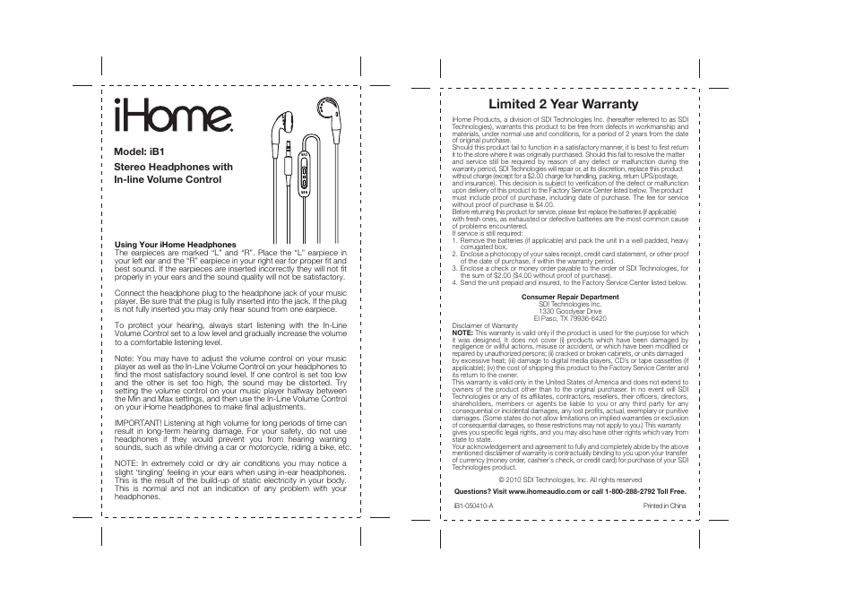 iHome IB1 User Manual | 2 pages