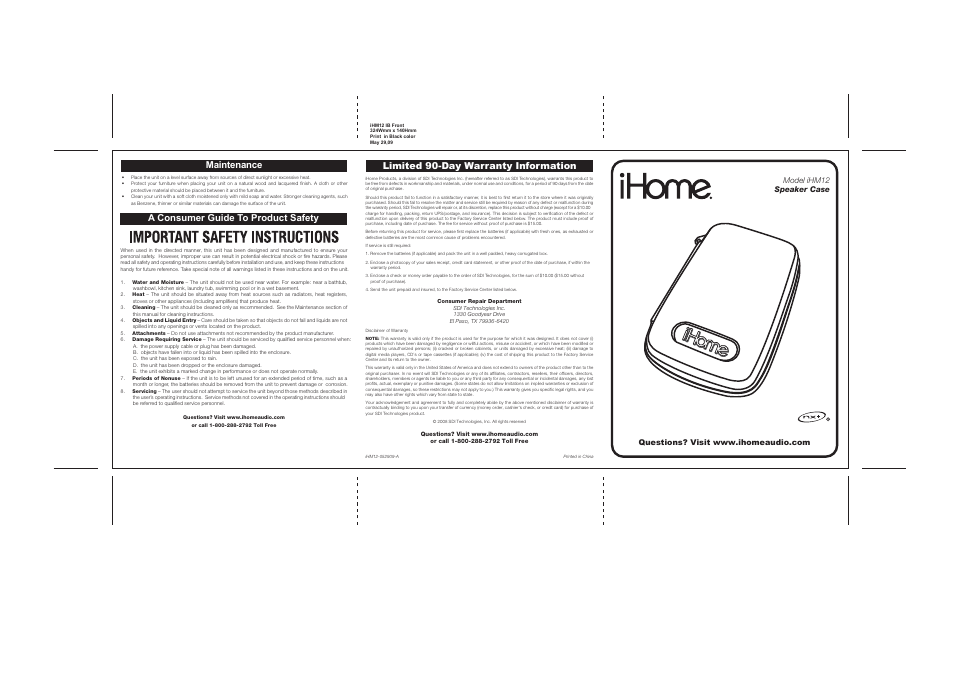 Limited 90-day warranty information, A consumer guide to product safety, Maintenance | iHome iHM12 User Manual | Page 2 / 5