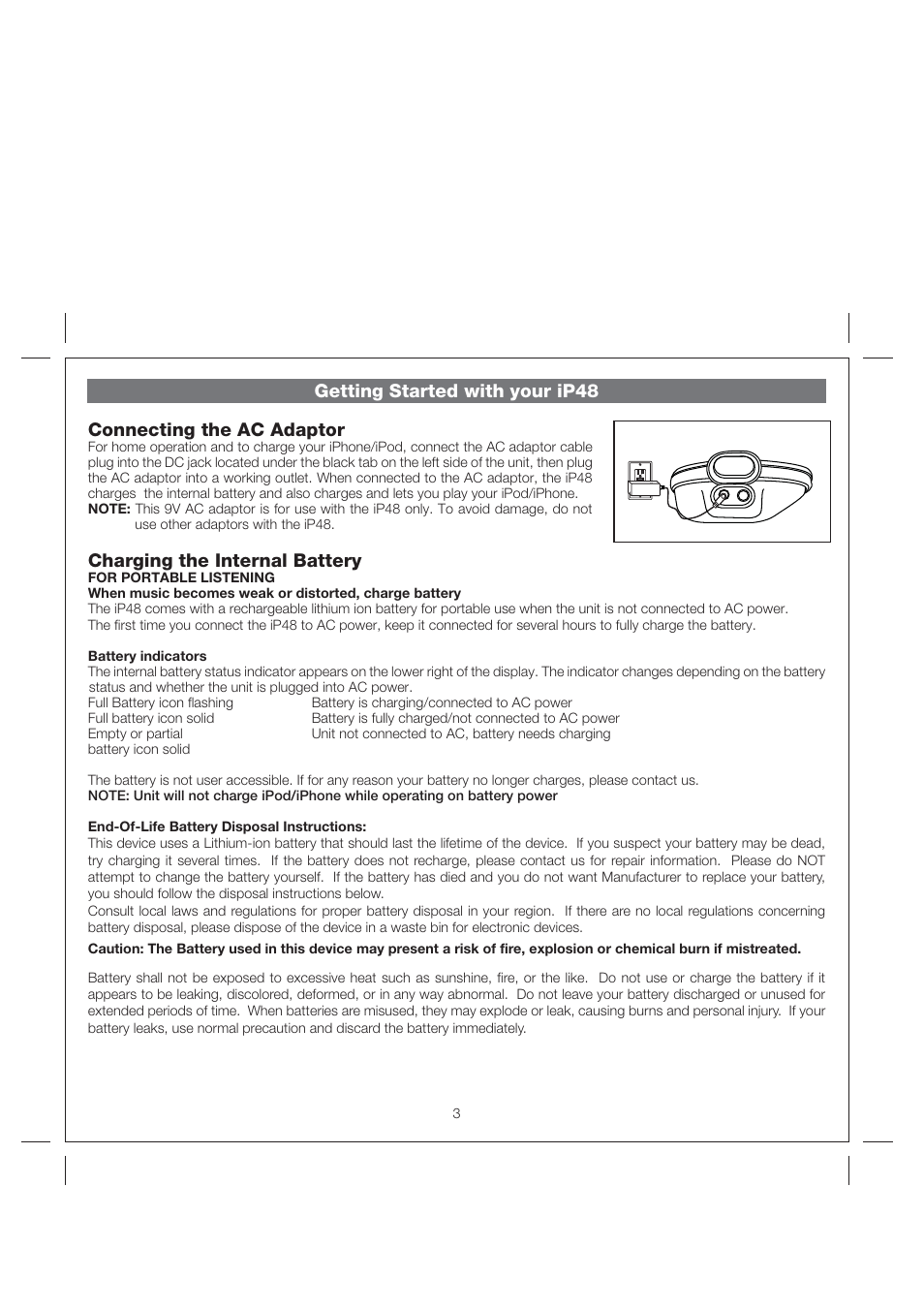 Getting started with your ip48, Connecting the ac adaptor, Charging the internal battery | iHome IP48 User Manual | Page 6 / 12