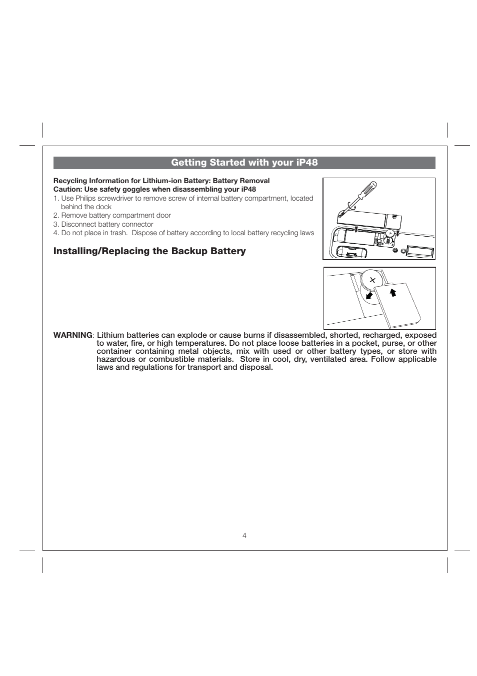 Getting started with your ip48, Installing/replacing the backup battery | iHome IP48 User Manual | Page 7 / 12