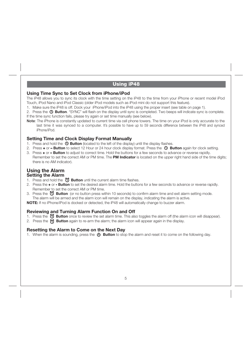 Using ip48, Using the alarm | iHome IP48 User Manual | Page 8 / 12