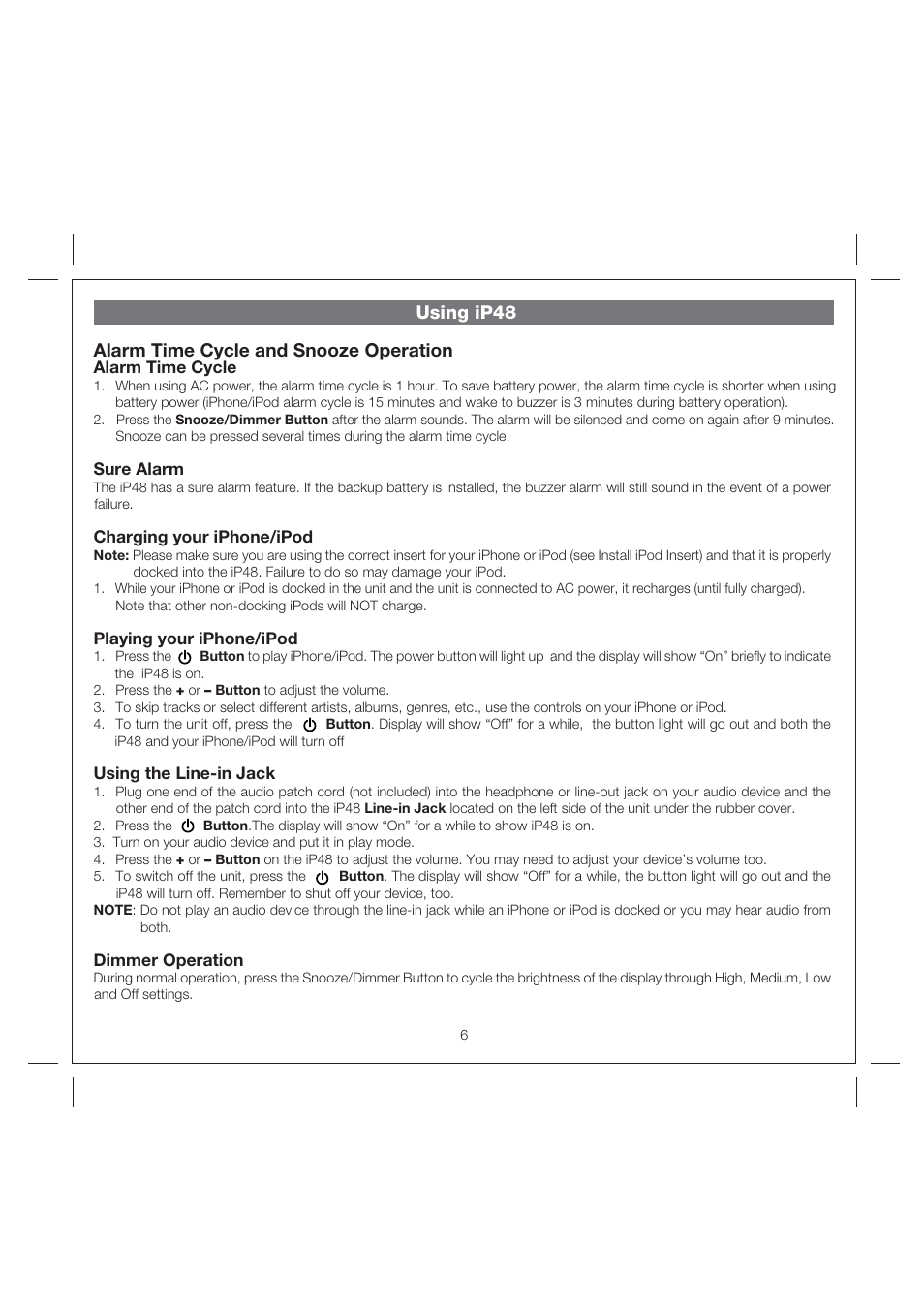 Using ip48 alarm time cycle and snooze operation | iHome IP48 User Manual | Page 9 / 12