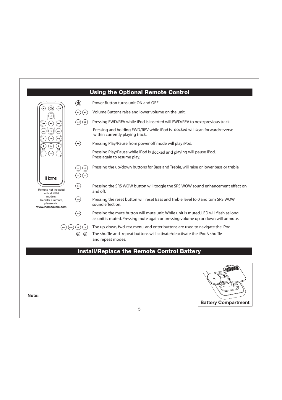 Using the optional remote control, Install/replace the remote control battery | iHome iH69 User Manual | Page 8 / 12