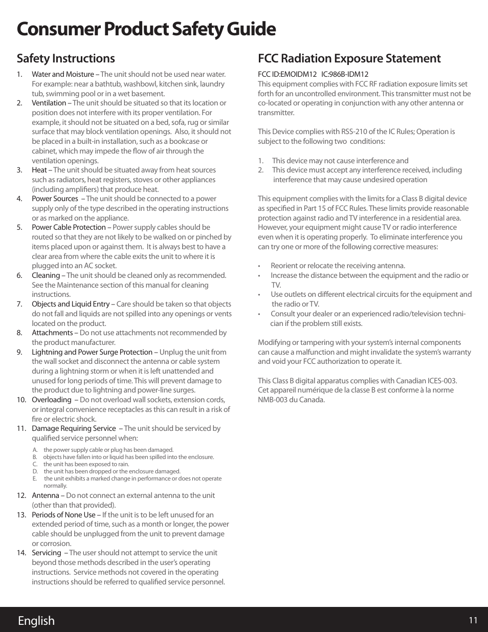 Consumer product safety guide, English, Safety instructions | Fcc radiation exposure statement | iHome IW1 User Manual | Page 11 / 12