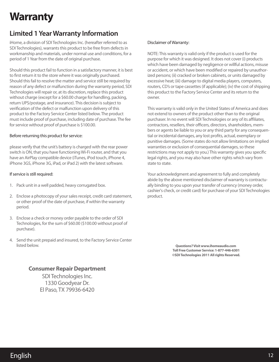 Warranty, English, Limited 1 year warranty information | iHome IW1 User Manual | Page 12 / 12