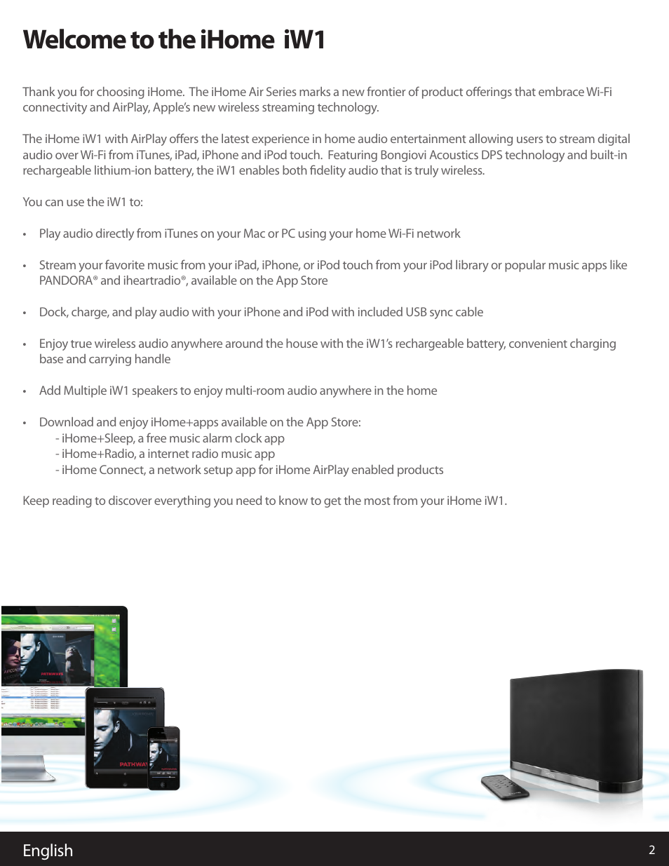 Welcome to the ihome iw1, English | iHome IW1 User Manual | Page 2 / 12